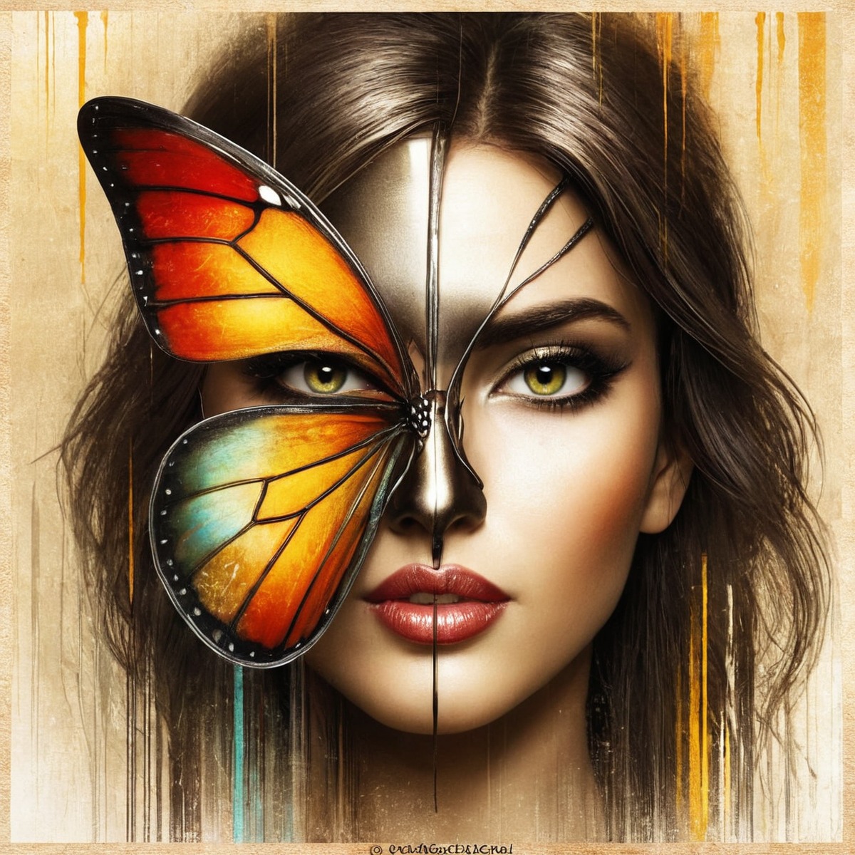 digitalart, portrait, femme, fer, masque, papillon, peinture, iabing