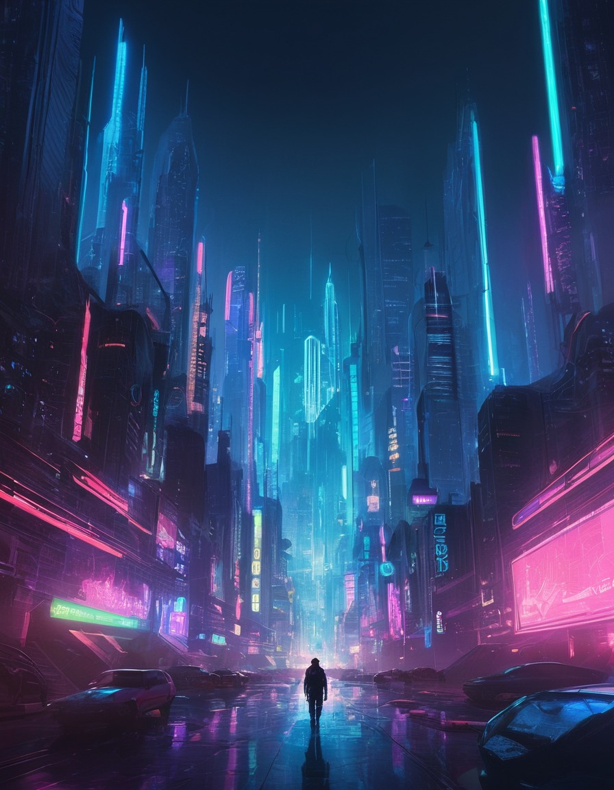 futuristic cityscape, cyberpunk, alex vance, neon lights, skyscrapers, games, girls from games