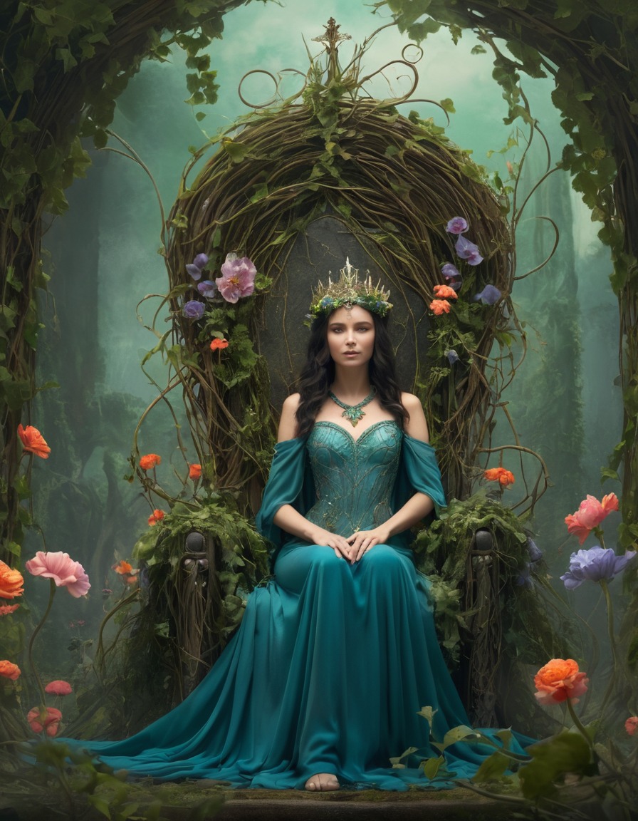 fairy, queen, throne, vines, flowers, fantastic