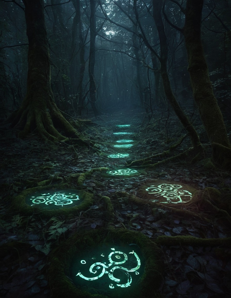 mystical, forest, runes, glowing, magic