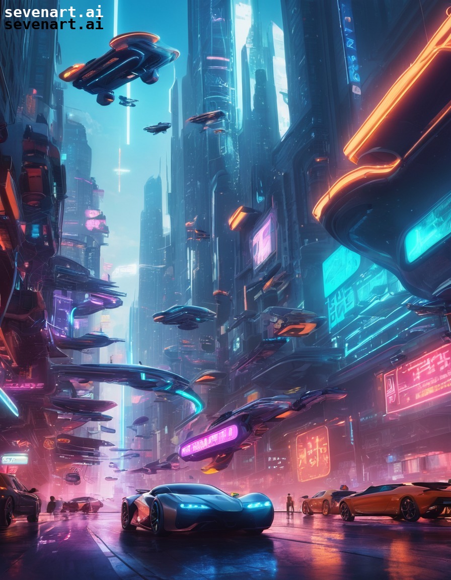 futuristic, cityscape, flying cars, neon lights, technology, future