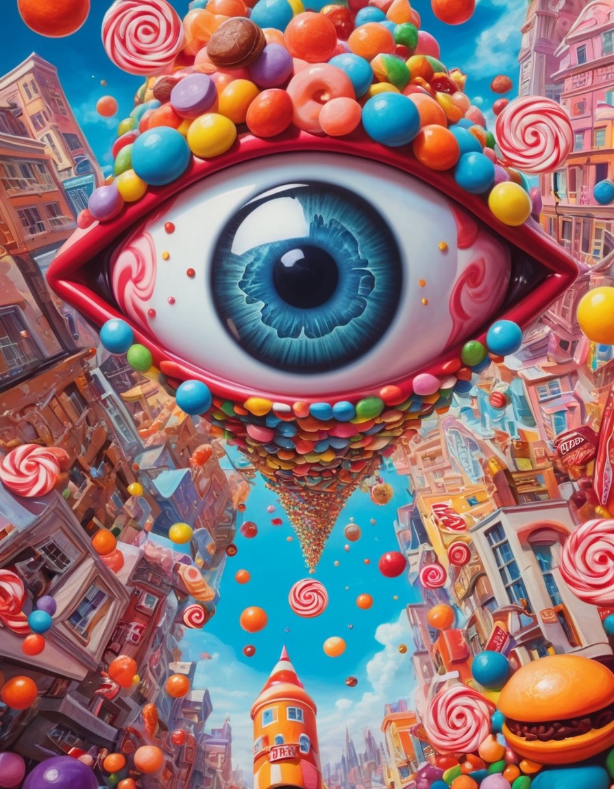 fantasy, surreal, giant eye, cityscape, candy, whimsical