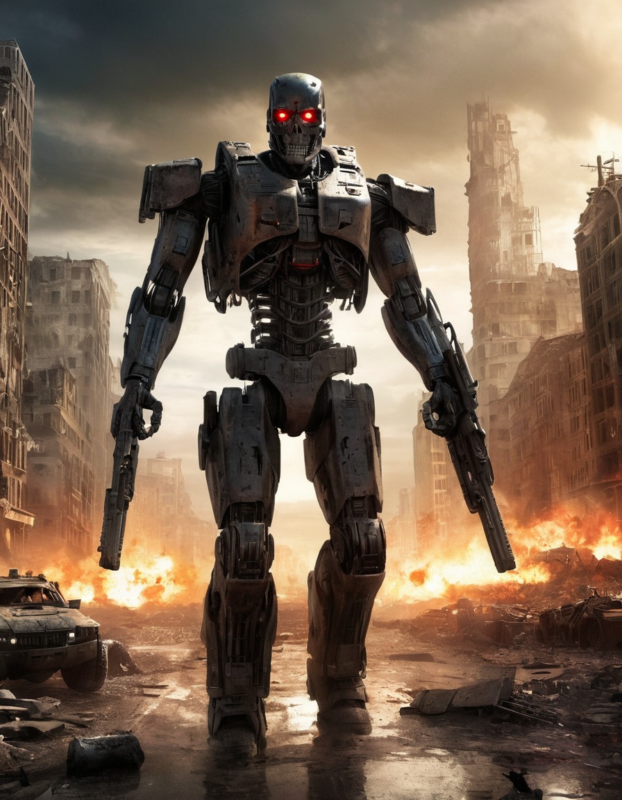 t-800 terminator, cyborg, futuristic, city, war, destruction, artificial intelligence, robots, games, movies