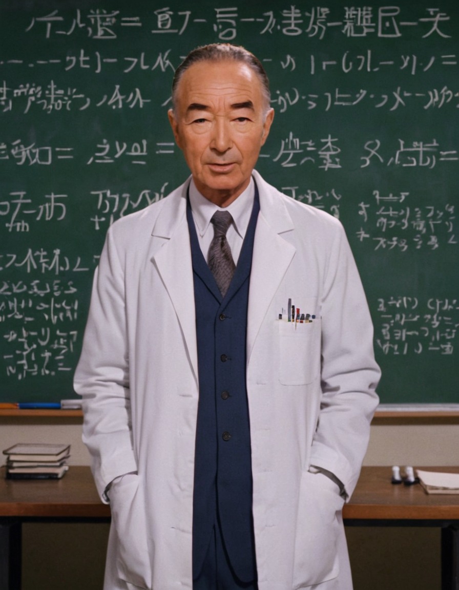 robert oppenheimer, scientist, lab coat, chalkboard, equations, anime