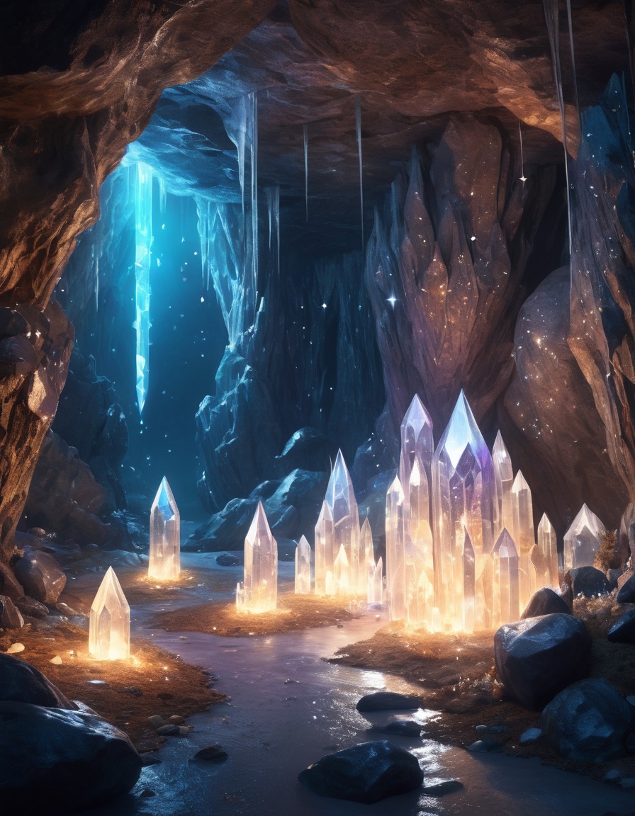 crystal cave, luminescent crystals, magical, fairy lights, enchanted, fantasy, fantastic