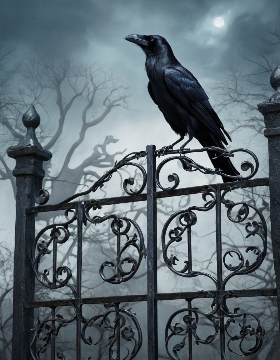 bird, raven, wrought-iron gate, nature, wildlife, gothic, underground, dark