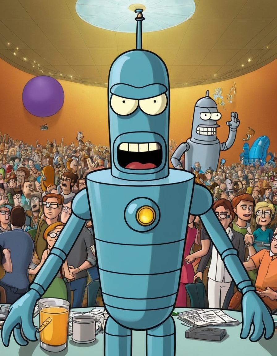 futurama, bender, technology, convention, chaos, entertainment, robots, games, movies