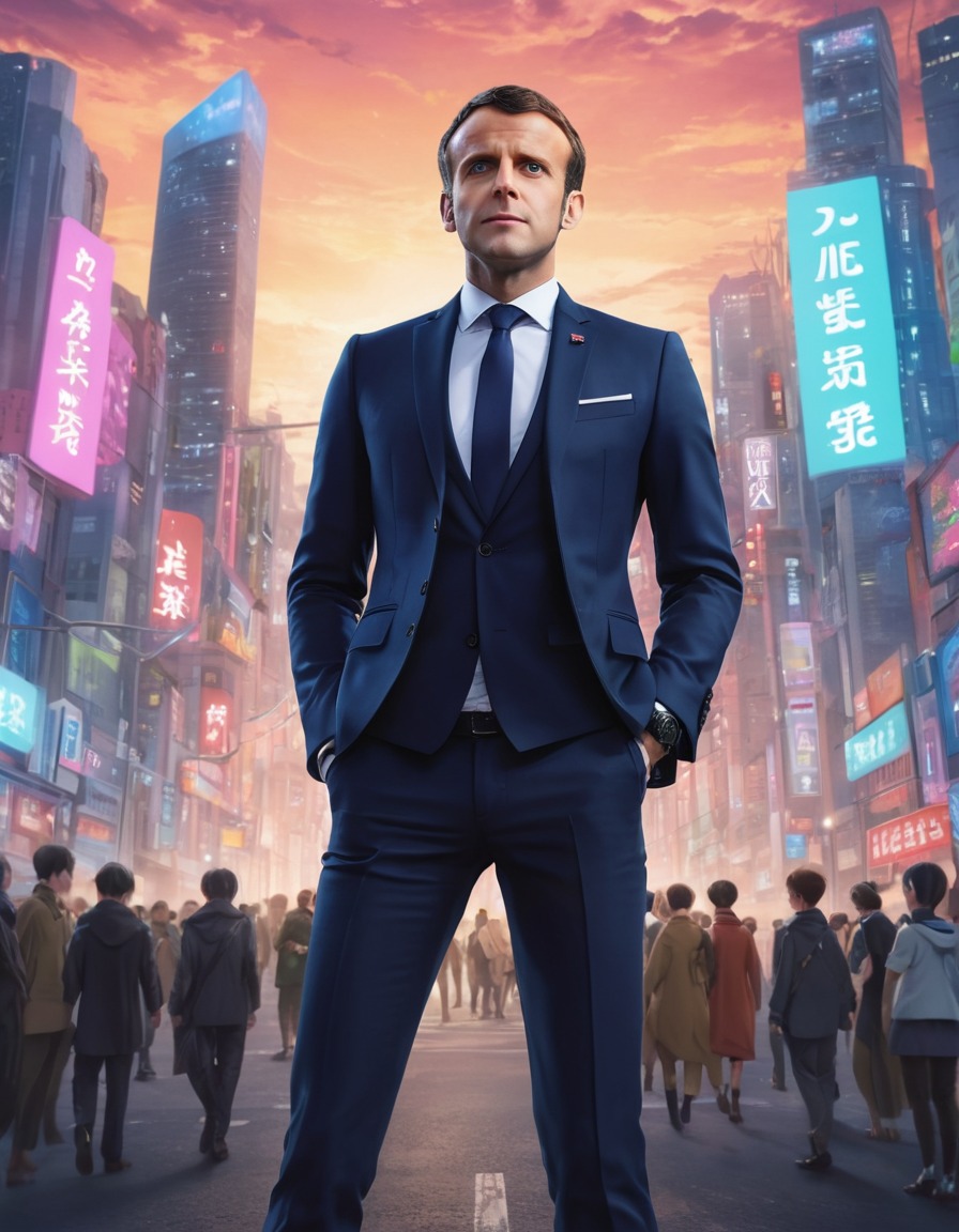 emmanuel macron, anime, political challenges, futuristic city, politics