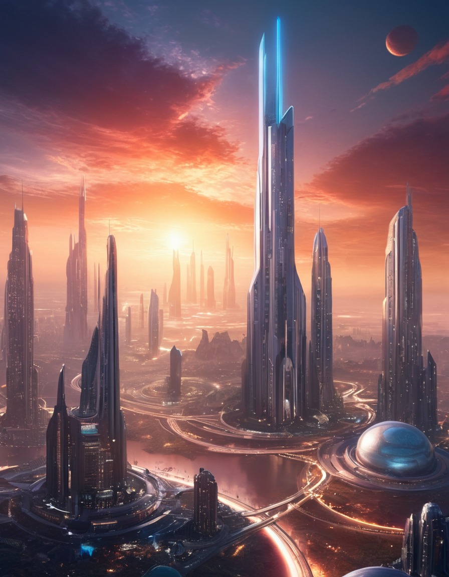 futuristic, cityscape, skyscrapers, distant planet, space scene