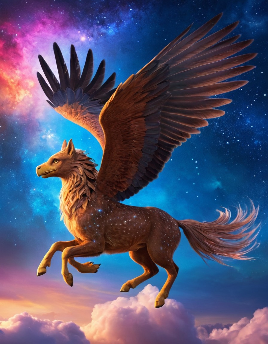 hippogriff, fantasy, majestic, sky, stars, clouds, otherworldly