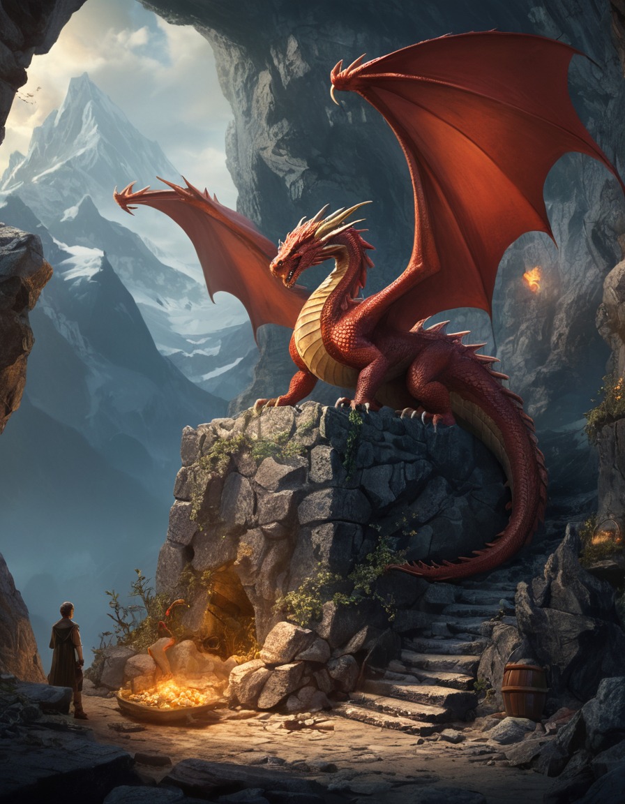 dragon, treasure, lair, fantasy, mountain, john tolkien, tolkien