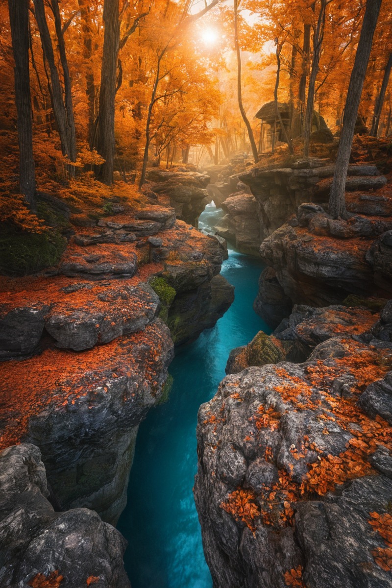 autumn, creek, forest, landscape, orange, red, river, slovenia, tree, korita, mostnice