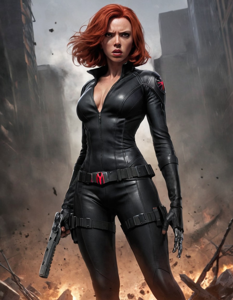 black widow, marvel comics, superhero, fierce battle, victory, ripped clothes