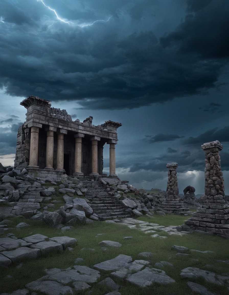 ominous, stormy sky, ruins, abandoned, cult temple, lovecraft, howard lovecraft