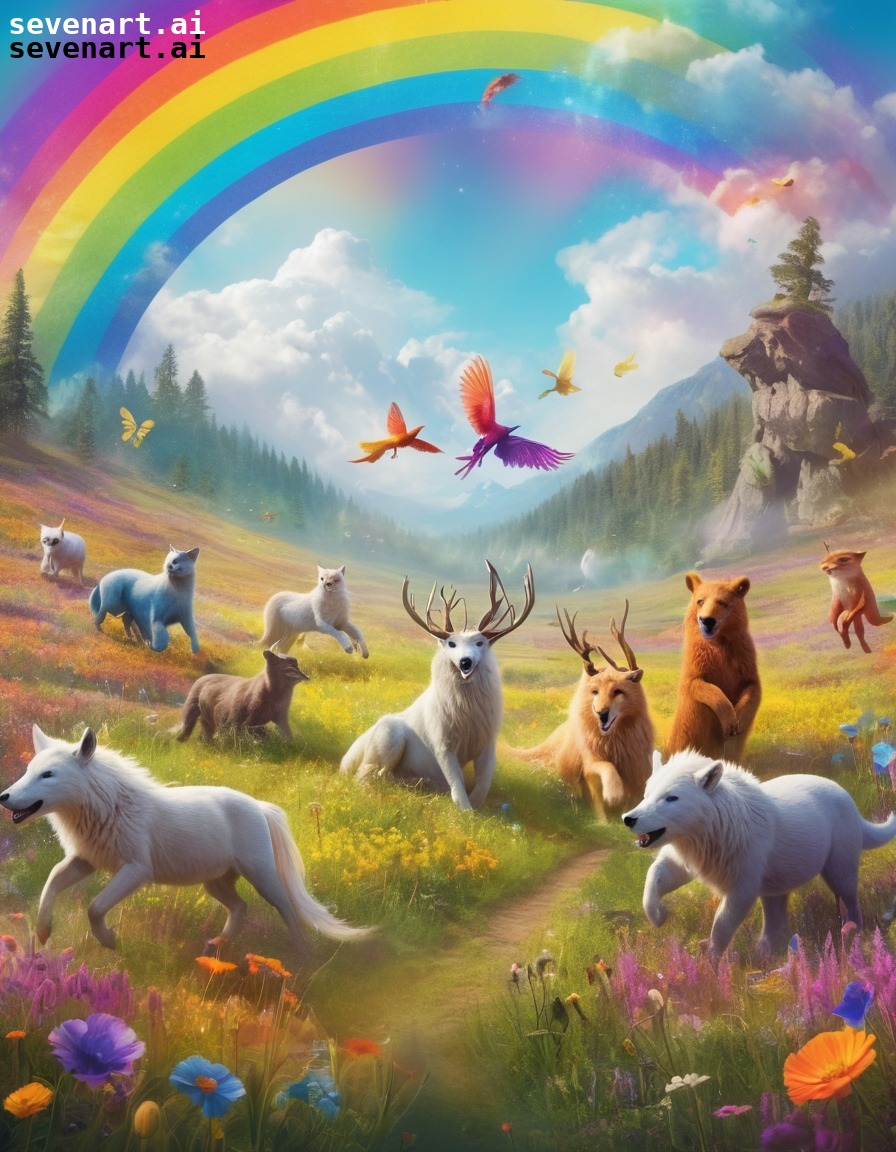 fantasy, mythical creatures, rainbow, meadow, magical