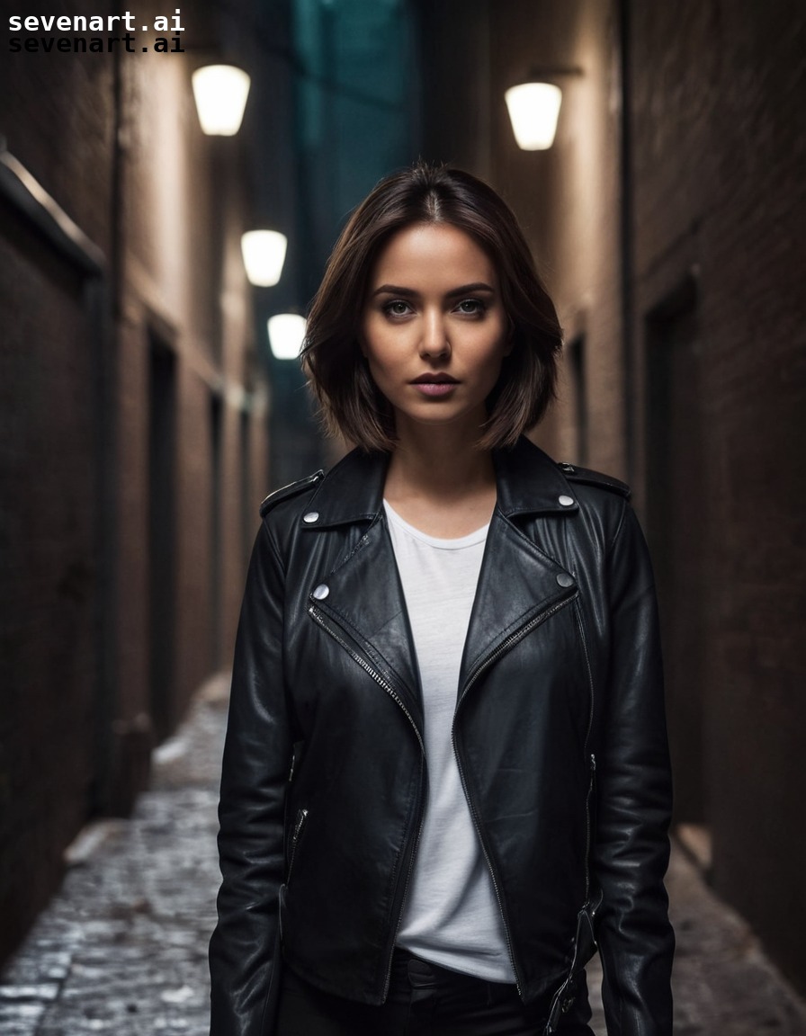 mysterious, woman, dark, alleyway, leather jacket