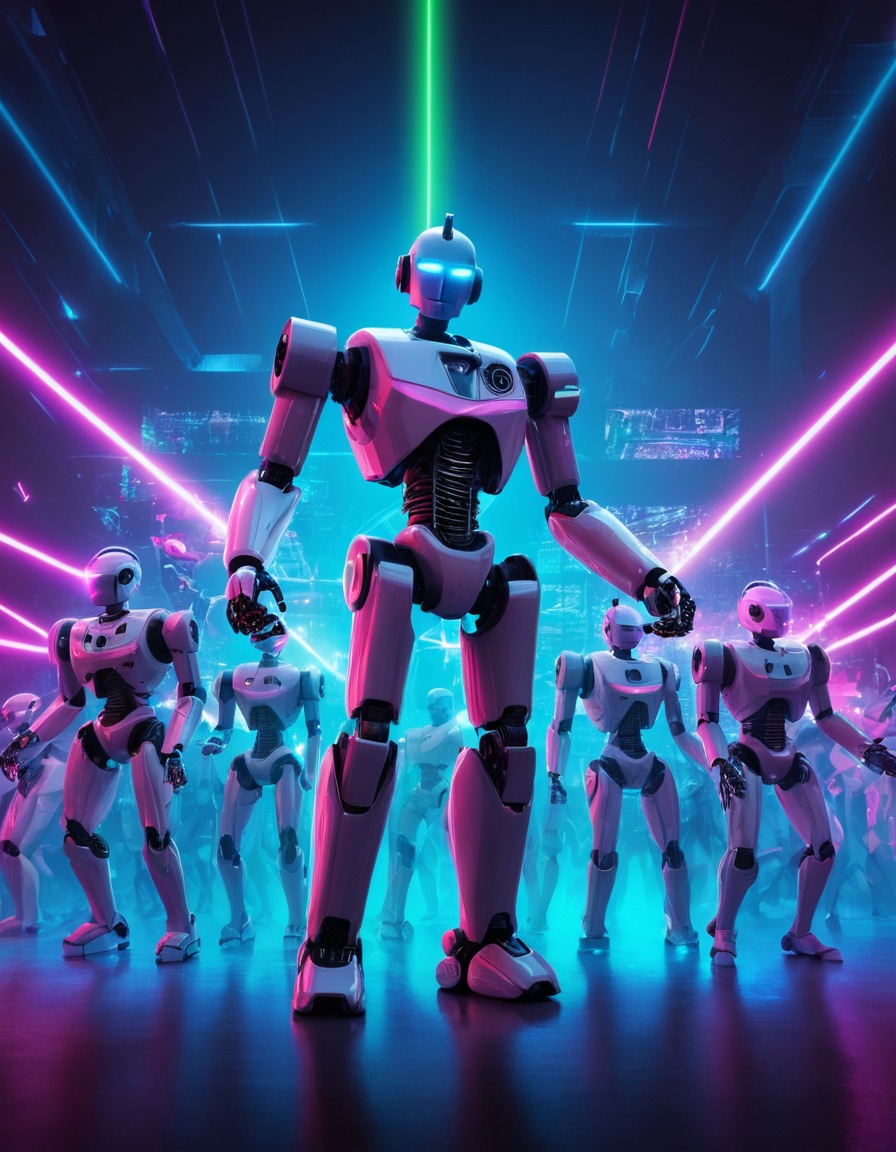 robot, dance party, neon lights, lasers, music, robots