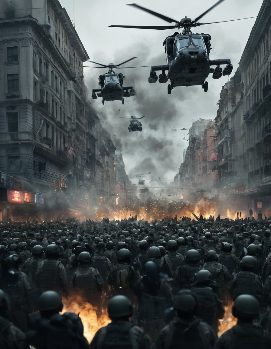 military helicopters, riot, crowd, city center, war, usa