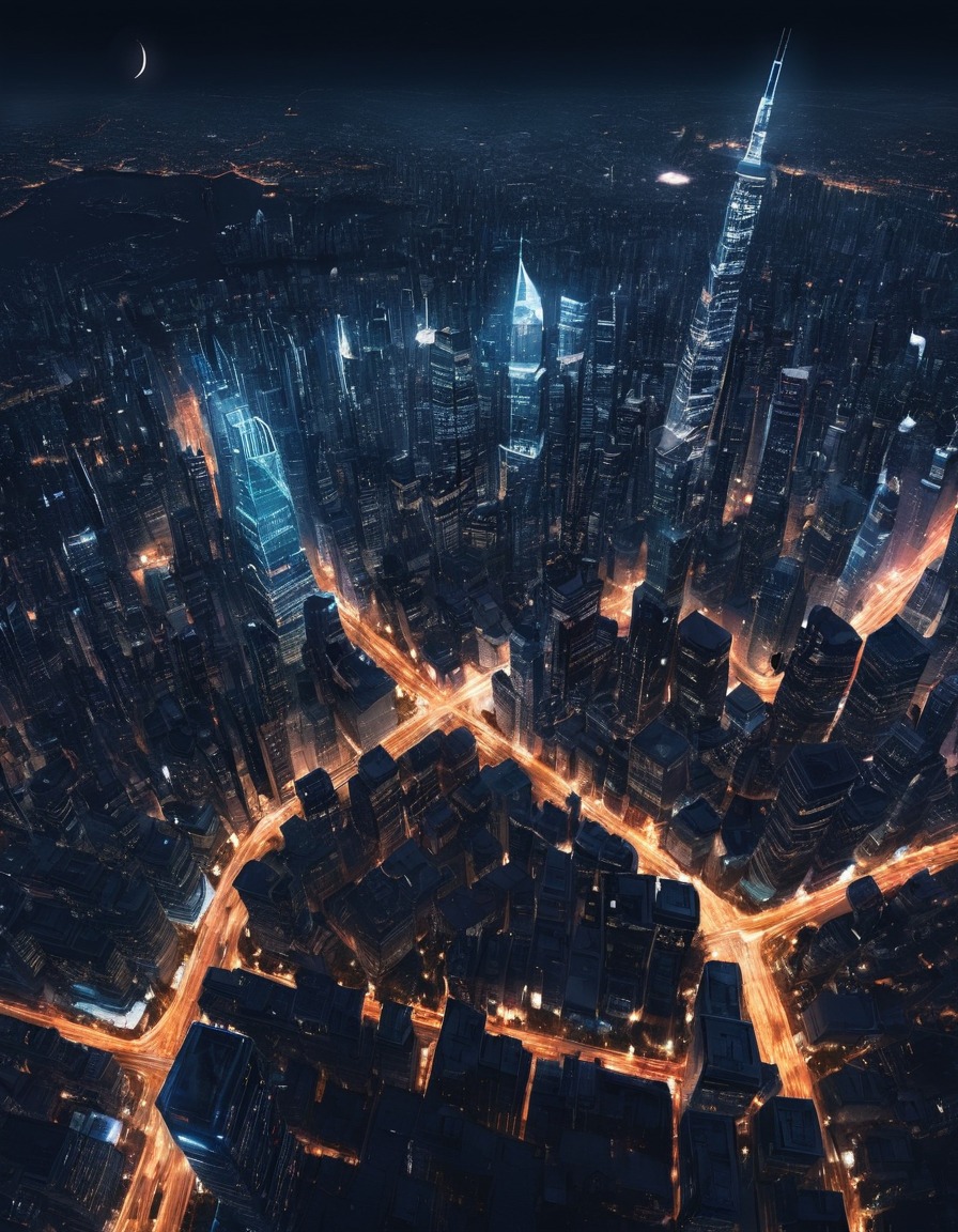 city lights, urban landscape, nighttime view, aerial photography, metropolis