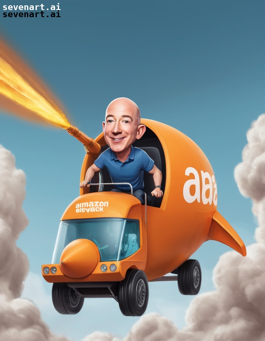 cartoon, jeff bezos, rocket, amazon, delivery truck