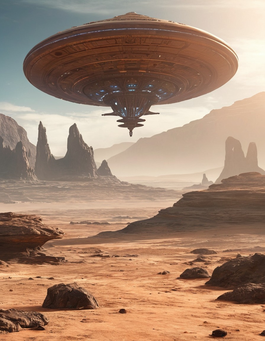 alien, mothership, landing, barren planet, rocky planet, space scene, extraterrestrial