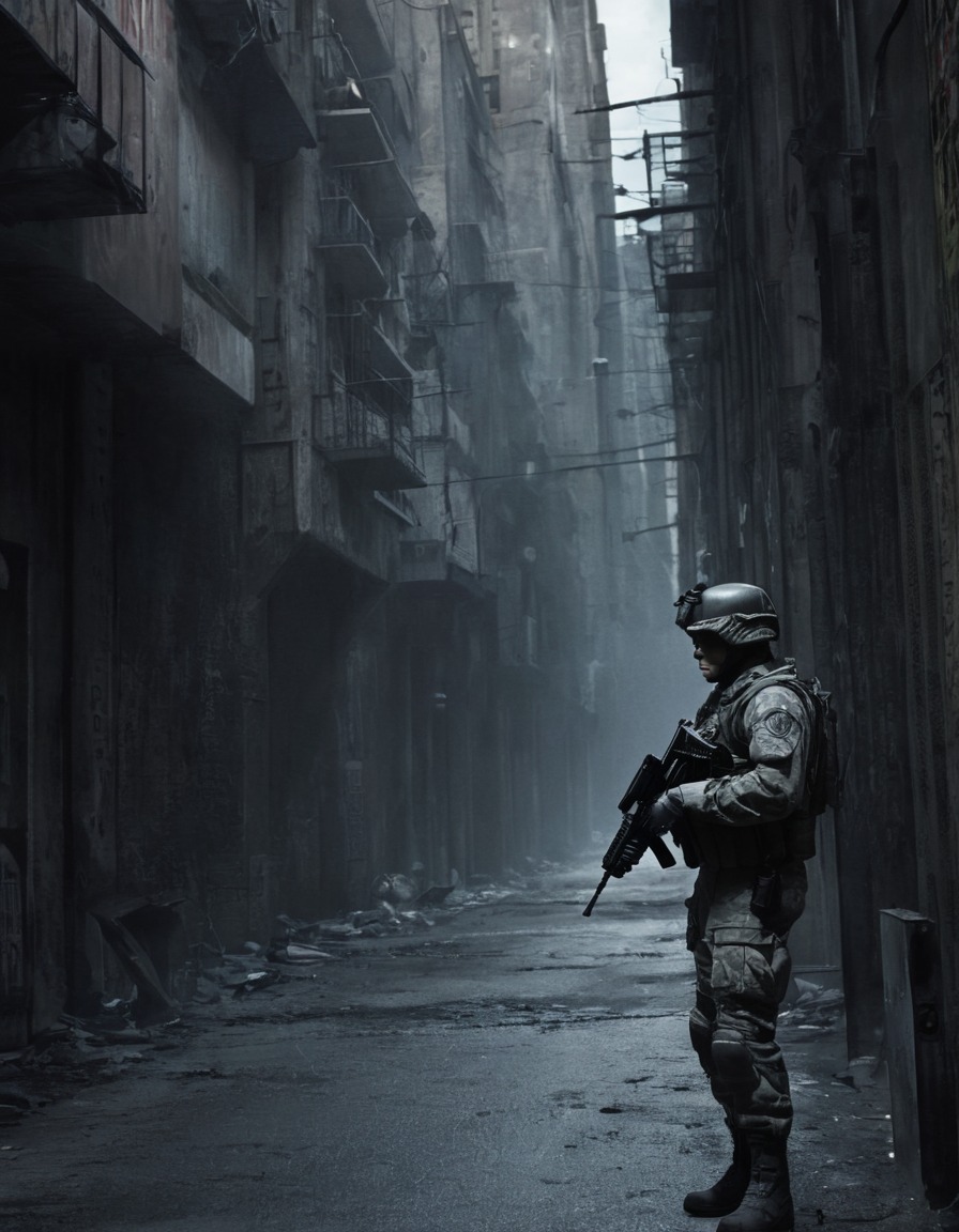 soldier, guard duty, deserted city, high alert, military, urban warfare, war, usa