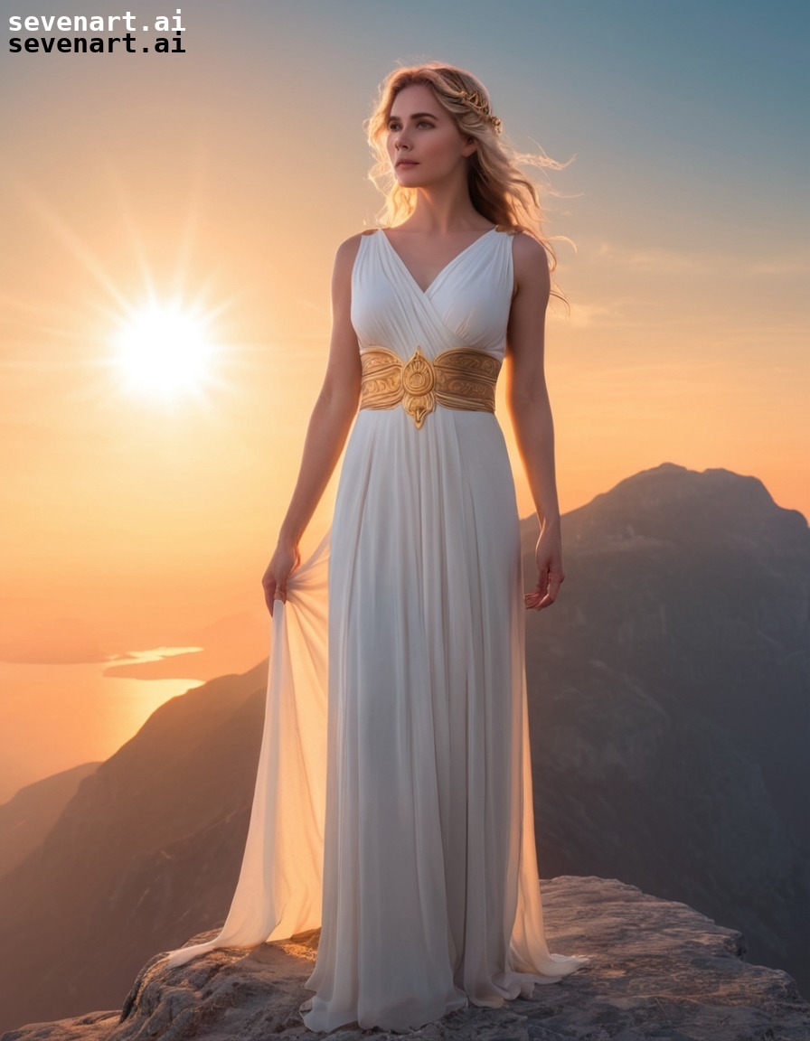 beauty, ethereal, greek goddess, mountaintop, sunset, woman