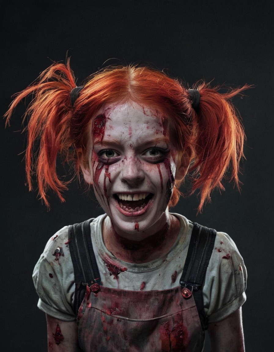 pippi longstocking, zombie, red hair, mischievous grin, undead, fictional character, horror parody