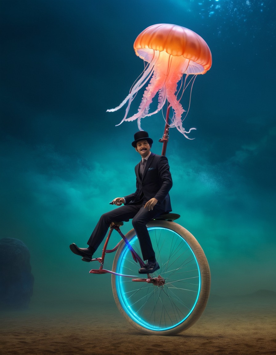 jellyfish, unicycle, strange, sea creature, bizarre, unusual transportation, circus performance