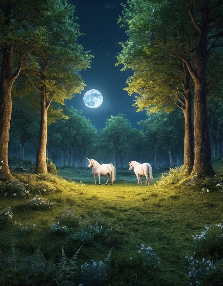 forest glade, unicorns, moonlight, peaceful, fantasy, magical creatures