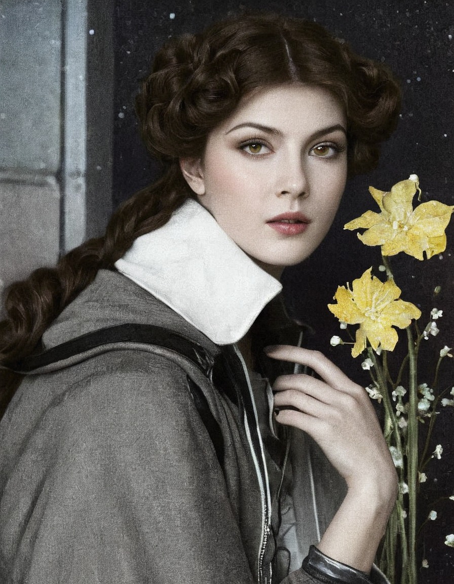 paintings, art, artwork, genre painting, female portrait, oskar zwintscher, fine art, german artist, portrait of a woman, flowers, daffodils, yellow flower, gray, grey, clothing, clothes, early 1900s, early 20th century, jewelry, jewellery, pale, eyes