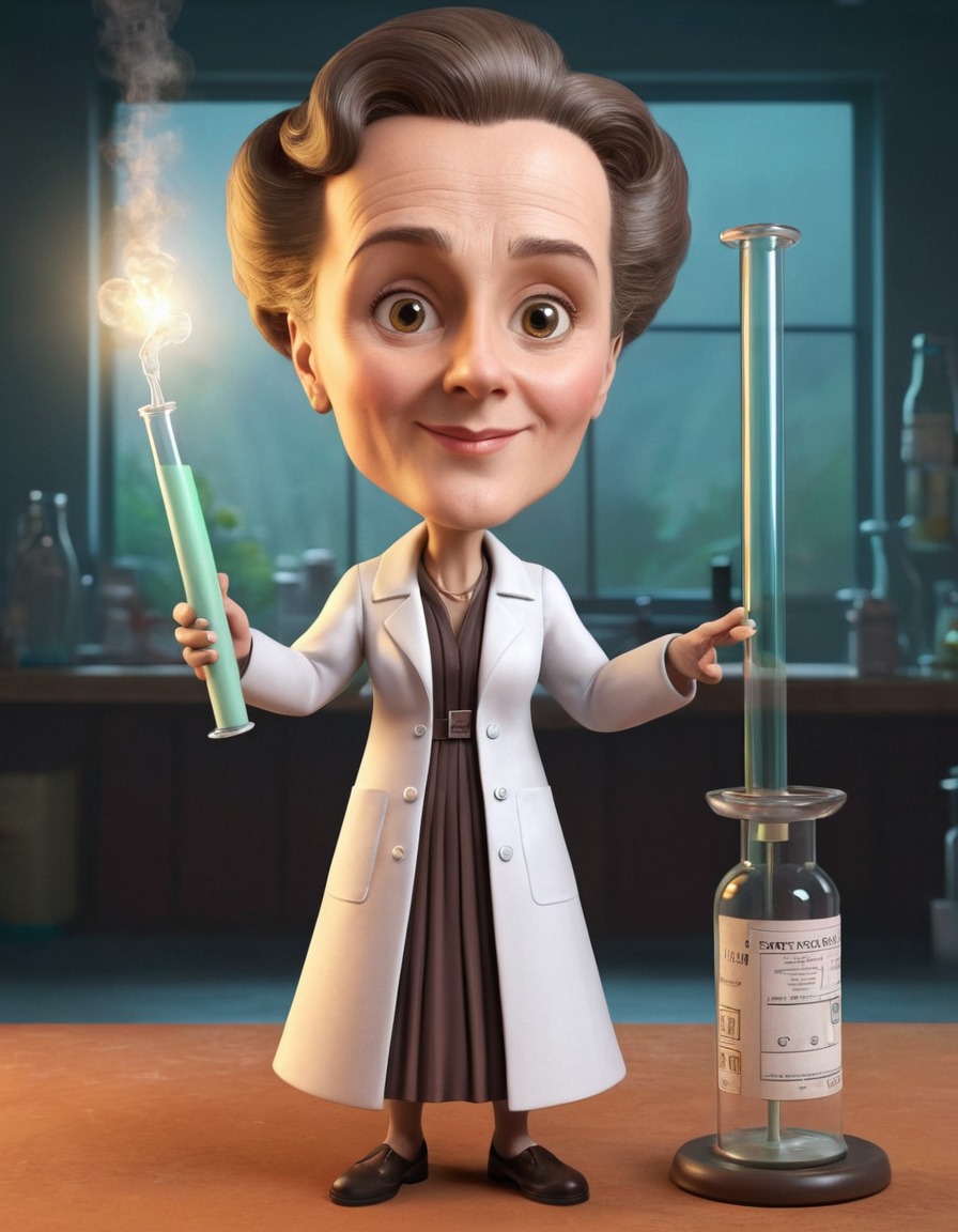 marie curie, caricature, lab coat, chemistry, science, humor, funny