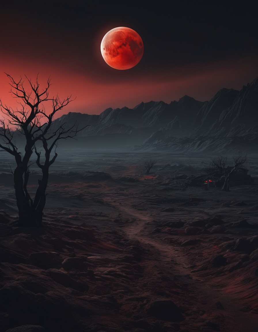 blood-red moon, desolate landscape, eerie glow, night sky, gothic, underground, dark