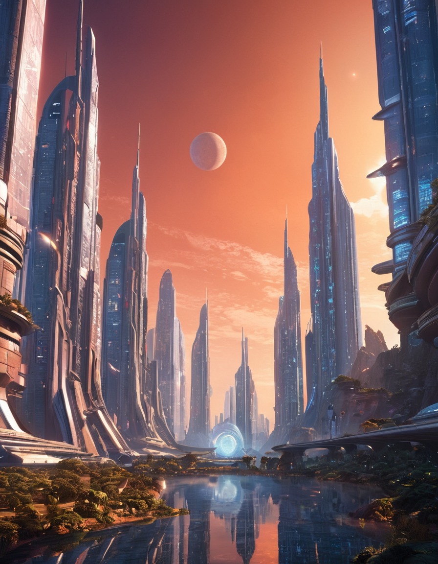 futuristic, cityscape, skyscrapers, distant planet, space scene