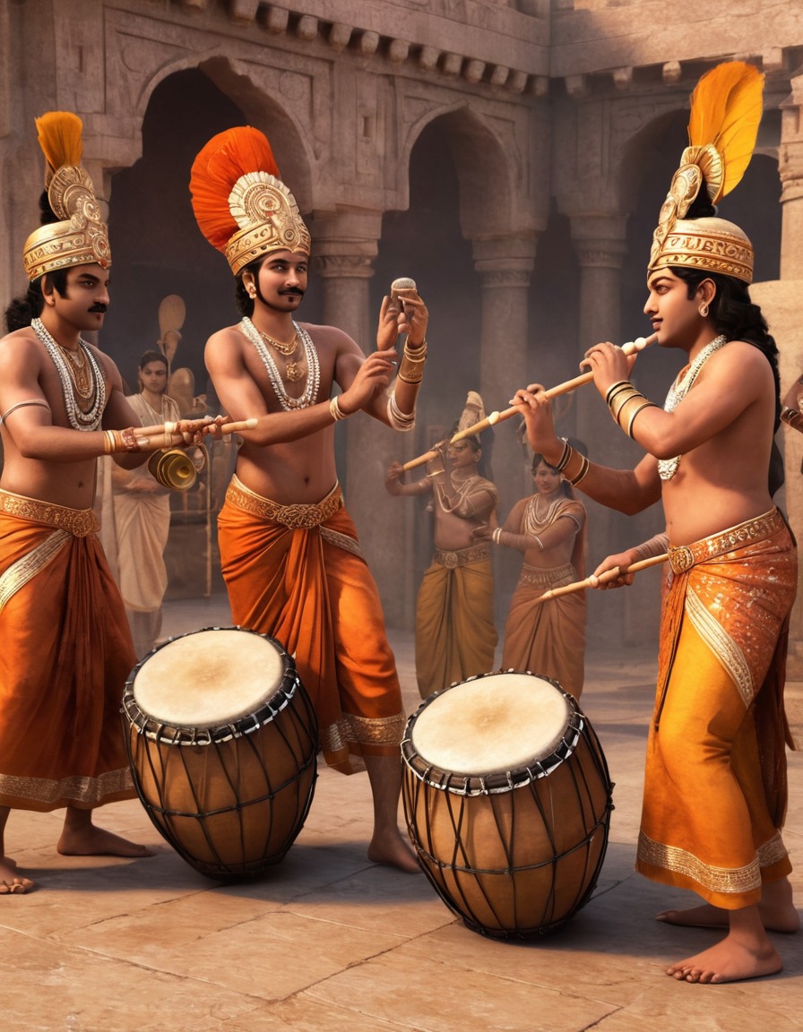 ancient musicians, drums, flutes, wedding celebration, ancient india, 300 bc