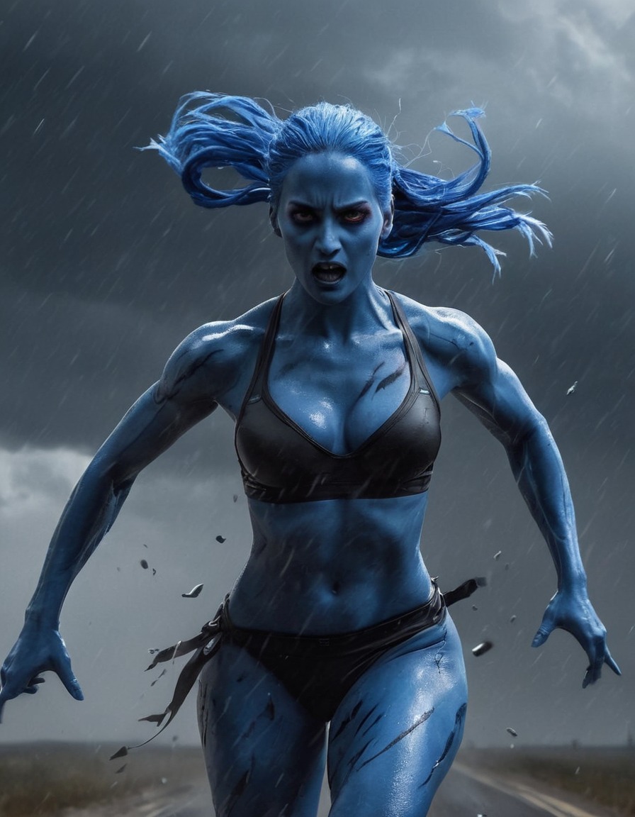 mystique, x-men, superhero, sprinting, storm, shredded clothes