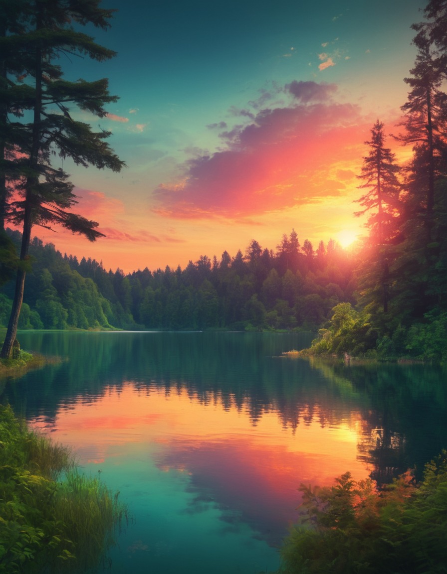 nature, sunset, lake, forest, scenery