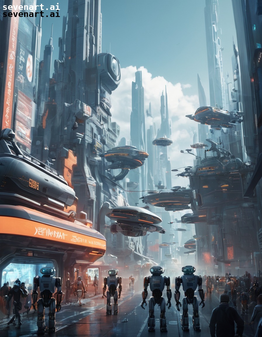 futuristic, cityscape, robots, technology, automation