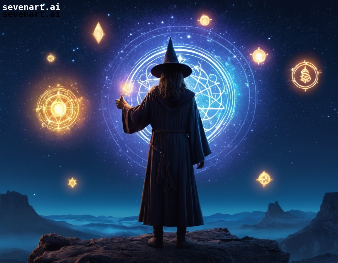 magic, sorcerer, spellcasting, starlit sky, mystical symbols, fantasy