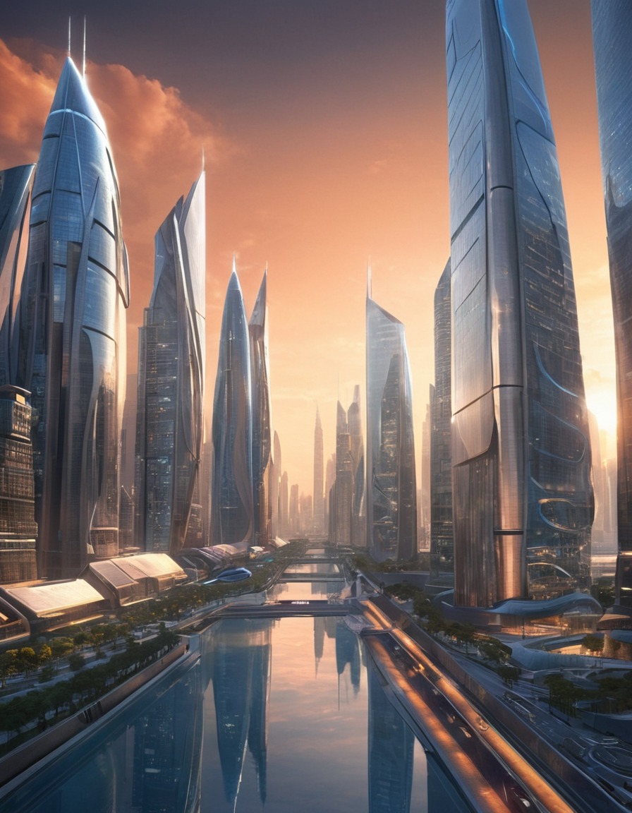 futuristic, cityscape, skyscrapers, architecture