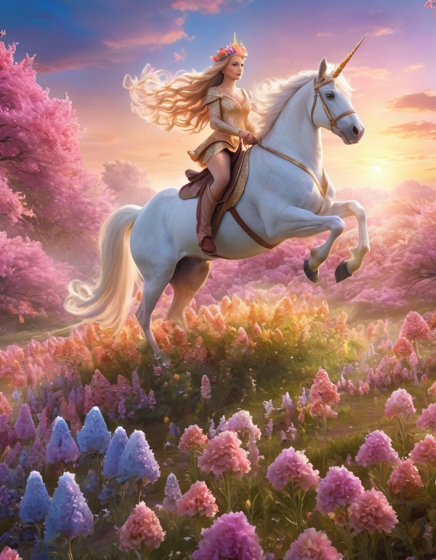 elves, unicorns, field, flowers, enchantment, fantastic