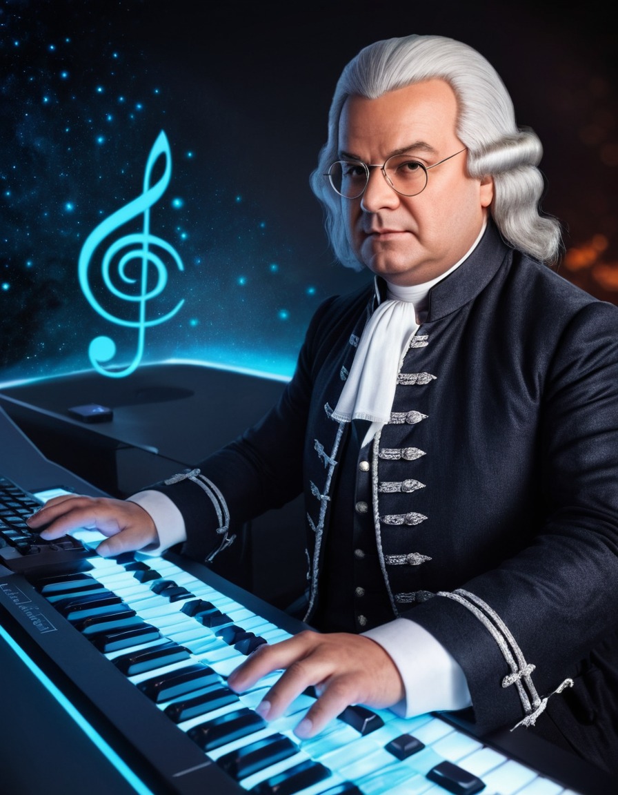 johann sebastian bach, composer, musician, digital symphony, futuristic technology, holographic keyboard