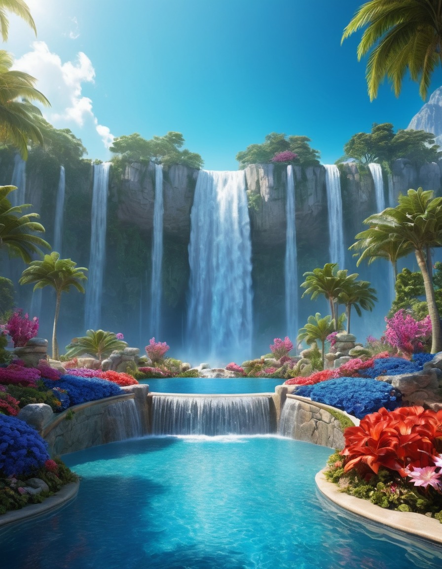 waterfall, crystals, flowers, nature, serenity, fantastic