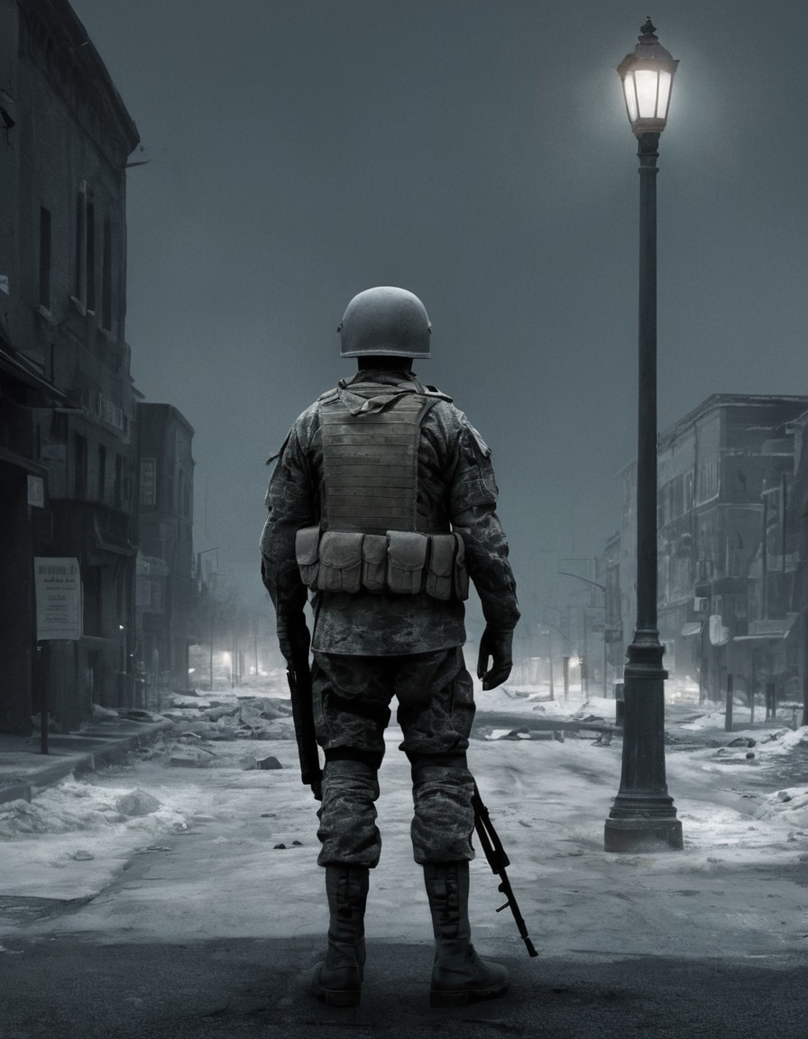 soldier, guard duty, deserted street, security, vigilance, war, usa