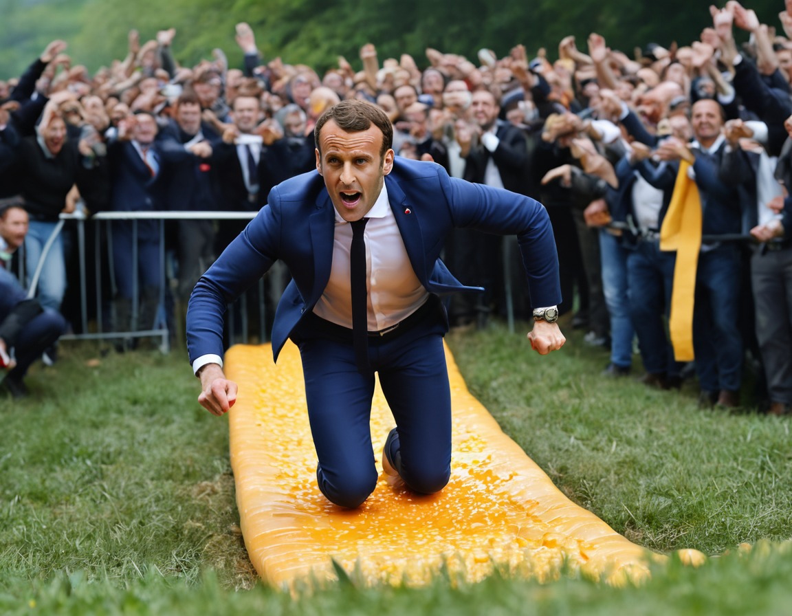 emmanuel macron, cheese rolling, competition, victory, celebration, france