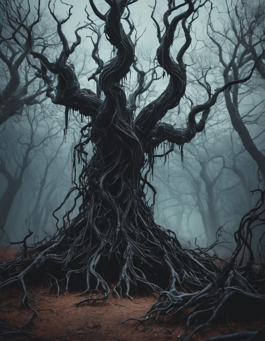 dark, twisted, forest, gnarled trees, otherworldly substance, lovecraft, howard lovecraft