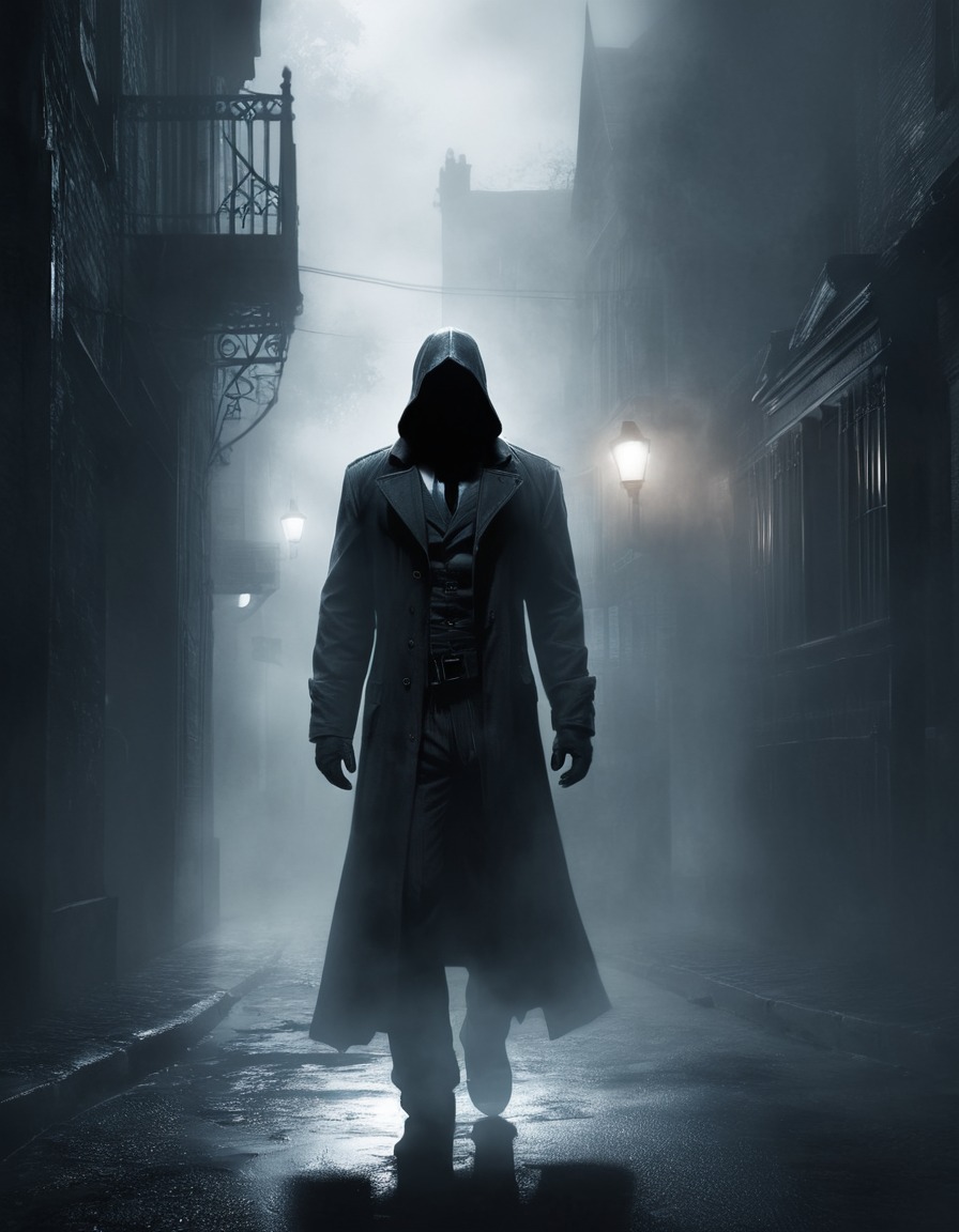 _shadowy figure, misty streets, mysterious, arkham, lurking_, lovecraft, howard lovecraft