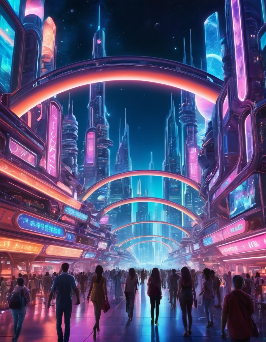 futuristic, space city, neon lights, space scene, activity, sci-fi, technology