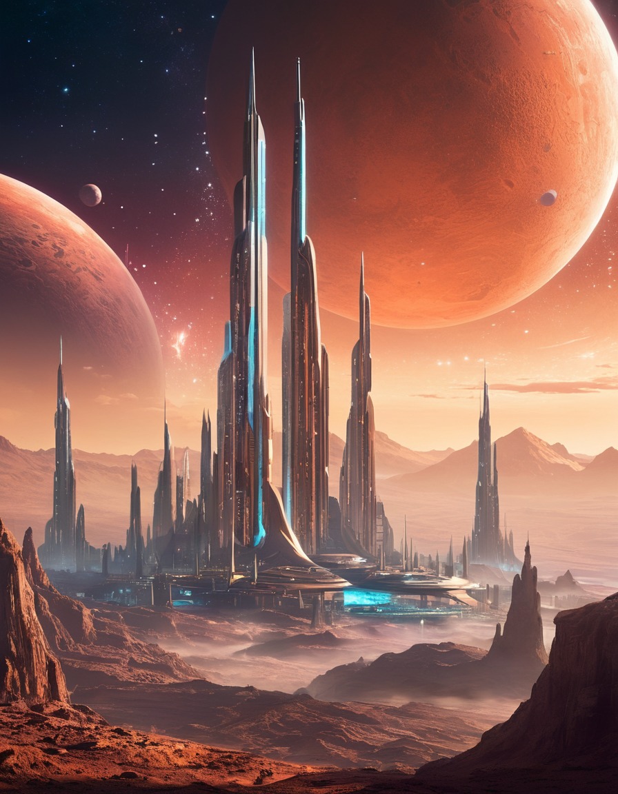 futuristic, cityscape, distant planet, towering structures, stars, space