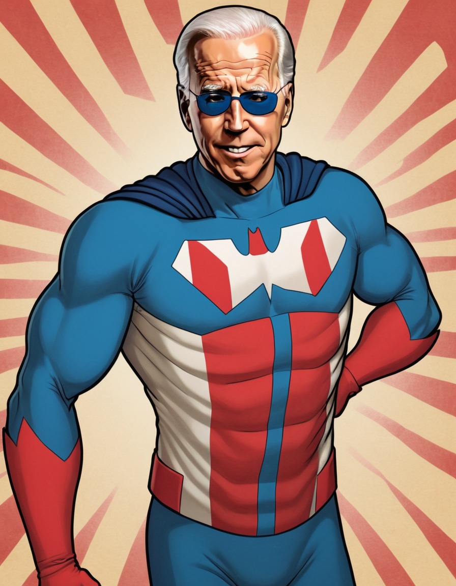 joe biden, superhero, painting, humorous twist, politics